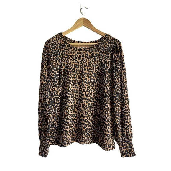 LOFT Size Medium Leopard Animal Print Black Tan Jersey Sweatshirt Puff Sleeve 10 - Picture 2 of 12